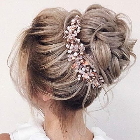 BERYUAN Women Pearl Wreath Vintage Rose Gold Leaf Long Hair Vine Piece Wedding Hair Accessory Gift for Her Crystal Hair Piece Party Headress for Bride Bridesmaid Girls (rose gold) Cover