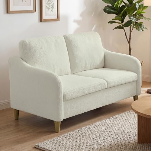 HOMCOM Canapé 2 Places, canapé de Salon en Tissu Bouclette 137 cm avec Coussins Inclus, Assise rembourrée et Structure en Bois Massif, Sofa Moderne pour...
