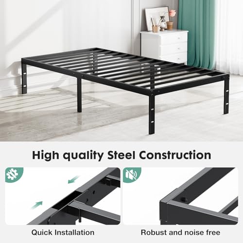 Image of Sweetcrispy Twin Bed Frame - Heavy Duty Metal Platform Bed Frames Twin Size with Storage Space Under Frame, No Box Spring Needed, 14 Inches, Sturdy Steel Slat Support