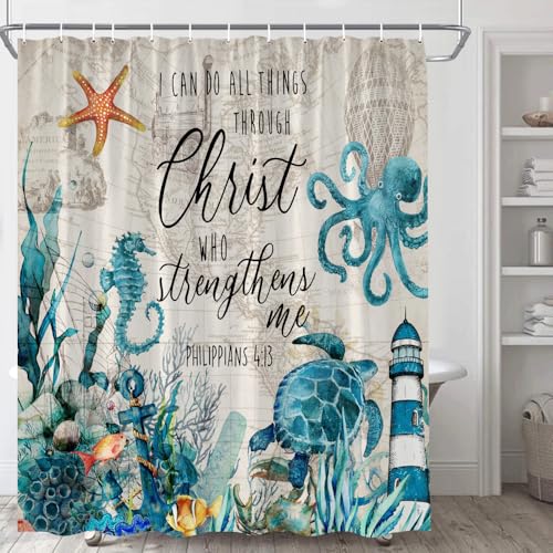 Nautical Turtle Shower Curtain Beach Teal Octopus Seahorse Sea Animal Undersea Tropical Fish Reef Starfish Anchor Lighthouse Ocean Inspirational Quote Polyester Fabric Bathroom Curtain with Hooks