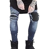 Men's Straight Slim Fit Moto Biker Jeans Distressed Ripped Denim Pants (W34)
