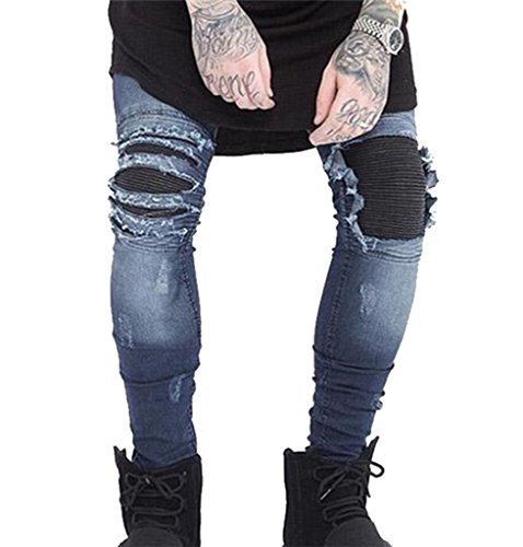 XARAZA Men's Straight Slim Fit Moto Biker Jeans Distressed Ripped Denim Pants (W33)