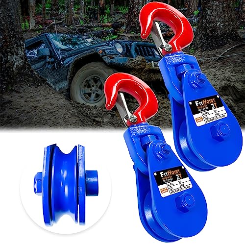FITHOIST 2 Tons Snatch Block with Hook(2 Pack) 3" Sheave for 3/8" Inch Wire Rope High Strength Snatch Blocks for Towing and Recovery Applications Tow Truck Rollback Wrecker Car Hauler Winch