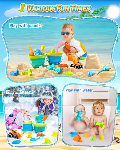 DISHIO Collapsible Beach Sand Toys for Kids Sandbox Beach Toys with Mesh Bag, Collapsible Buckets, Truck, Sand Castle Molds, Shovels, Sieve, Dinosaur Travel Beach Toys Kit for Kids Toddlers Outdoor - Thumbnail 6