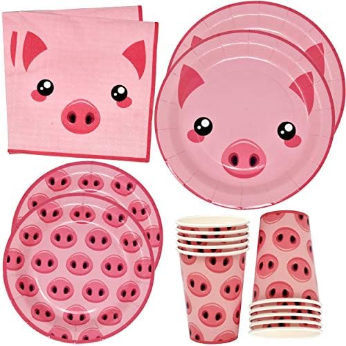 Pink Pig Farm Animal Barn Party Supplies Set 24 9" Paper Plates 24 7" Plate 24 9 Oz Cups 50 Lunch Napkin for Piggy Piglet Birthday Baby Shower Barnyard Cowboy Cowgirl Farmhouse Pigs Themed Dinnerware