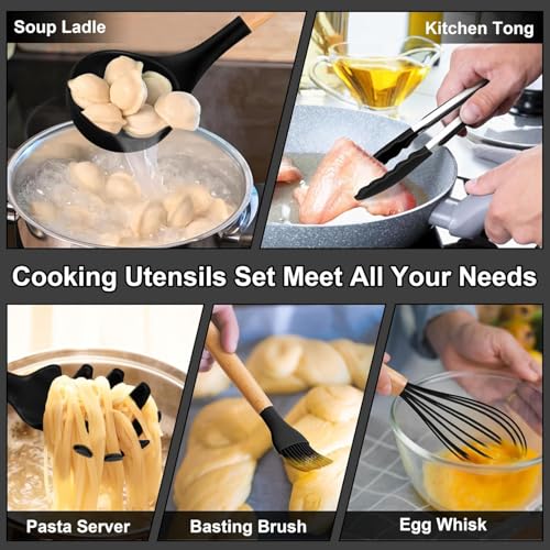 Image of 12 Pcs Silicone Cooking Utensils Set with Holder - Heat Resistant Spatula Turner Set, Wooden Spoons, Kitchen Gadgets Tools for Nonstick Cookware (12, Black)