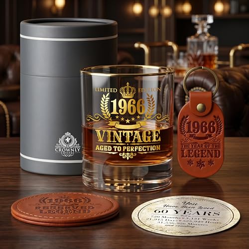 CROWNLY CRYSTAL Bicchiere Whisky 1966 Regalo Uomo 60 Anni Compleanno Idee Regalo Originali Papà Marito Calice Vintage Degustazione Rum Amaro Gadget Festa 60esimo Anniversario Decorazioni Natale