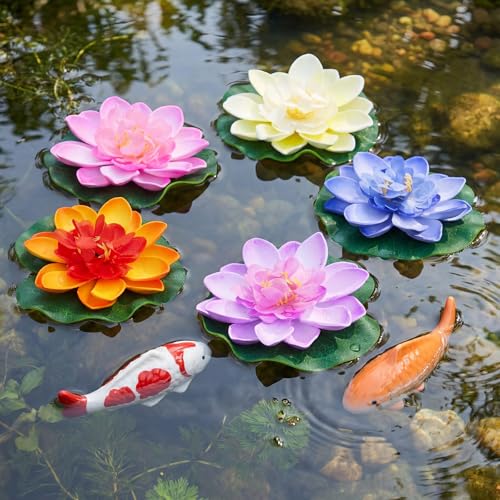 Image of Willinglong 2 Pcs Ceramic Floating Koi Fish 5 Pcs Artificial Foam Lotus Flower with Water Lily Floating Fake Fish Goldfish Koi Decor for Pond Fountain Birdbath Fake Aquarium Decor