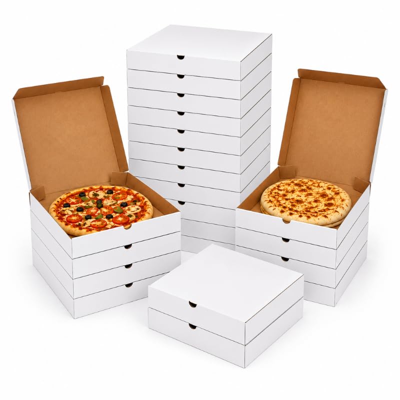 Genérico 50 Cajas para Pizza Blancas 33 x 33 x 4 cm – Cajas Premium E Flute 400 g/m² – Cartón Kraft Plegable – Pack de 50
