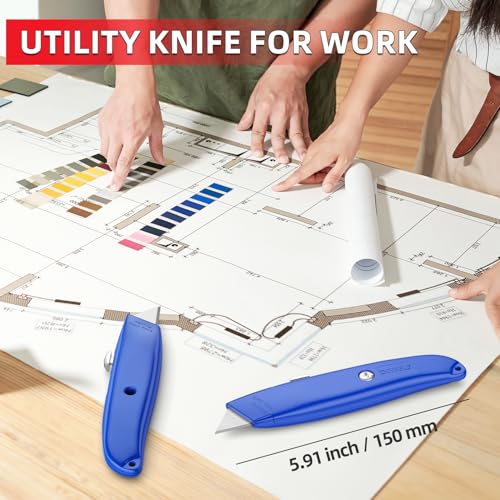 Image of DIYSELF 20 Pack Utility Knives, Comfortable Grip Retractable Box Cutters | Box Cutter Knife for Cardboard, Boxes and Packaging, Utility Knives for Garage, Home and Office, PVC Pipe Cutter (Blue)