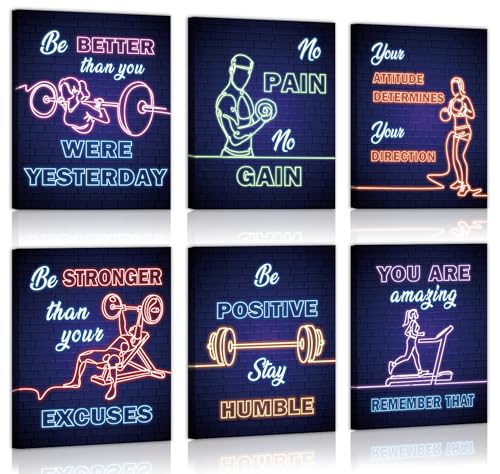 Image of CHDITB Fitness Motivation Framed Canvas Wall Art, Inspirational Exercise Artwork, Workout Quote Wall Decor, Barbell Dumbbell Poster, Retro Neon Sport Art Prints for Home Gym Bedroom Decor 8 inchX10 inchx6