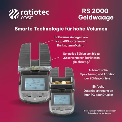 ratiotec RS 2000 Geldwaage - Geldzählmaschine für Scheine und Münzen - Münzzähler mit dynamischer Wiegefunktion - Kassenabrechnung in unter 2 Min. - Made in Germany