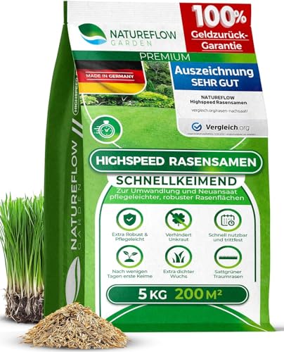 Rasensamen Schnellkeimend Frühjahr – TEST SEHR GUT – Grassamen Schnellkeimend für Rasen & Rasen Nachsaat 5kg 200qm – Rasensaat für Nachsaat Rasen Frühjahr, Saisonstart, kräftiges Wachstum