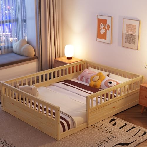 ROISDIYI Full Floor Bed Frame with Fence, Wood Kids Floor Beds Frame for Bedroom Playroom (Natural, Full)