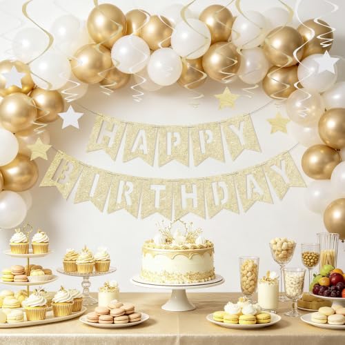 Image of BEISHIDA Gold Happy Birthday Banner with Stars for Kids Women Men Birthday Decor