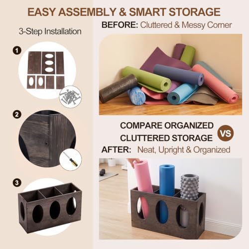 Image of Sintuff Vintage Wood Yoga Mat Holder Storage Organizer Floor Standing Foam Roller Holder Rack for Home Yoga Mats Gym Sports Exercise Accessories Dumbbell Resistance Bands