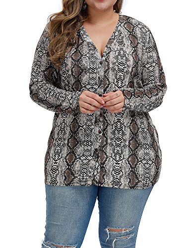 ALLEGRACE Women Plus Size Blouses Openable Button Down Shirts Long Sleeve Color Block Stripe Tops P44 Snakeskin-H Earthy Yellow 22W