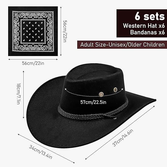 Image of 12Pcs Cowboy Hats and Bandanas,Western Cowboy Hats Bulk,Wide Brim Cowgirl Hats Costume Party for Men Women