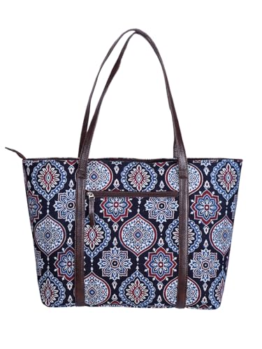 Image of NEPRI Oversized Office Tote Bag | Stylish Tote Bags | Purse for Women | Vegan Leather & Hanblock Printed Fabric Handbag with Double Handle Shoulder Strap| Daily & Travel Use