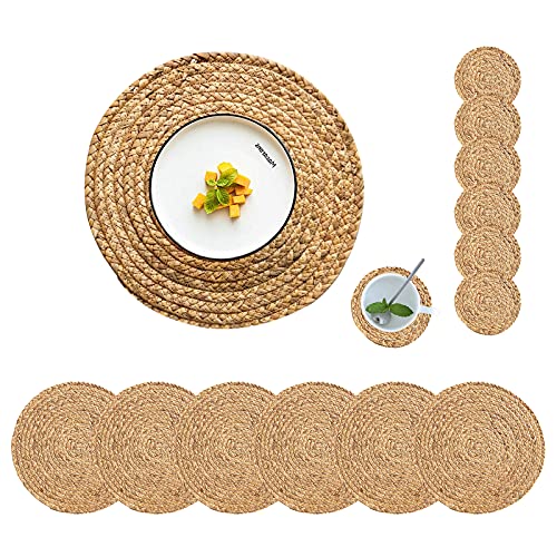 Image of Round Woven Placemats Set of 6 with 6 Coasters Natural Water Hyacinth Place Mats, 13.5 Inch Rattan Placemats Wicker Farmhouse Boho Straw Heat Resistant Outdoor Placemats Patio Table Mats