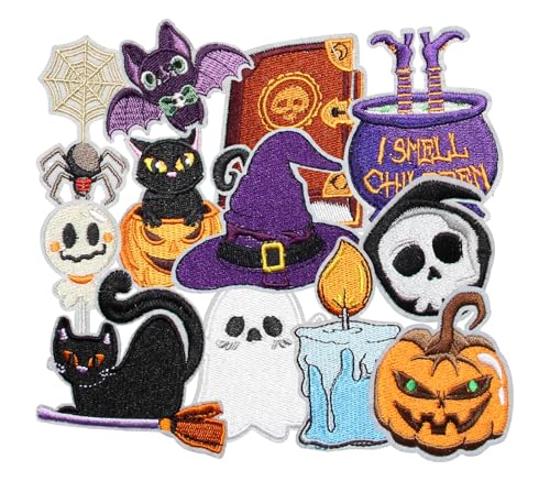 HEYTRCO 12PCS Cute Cauldron Witch Iron on Patches Ghost Cat Skull Bat Spider Embroidered Applique for Clothes Custom Halloween Holiday Patches for Hats Jackets Bags Backpacks Dress