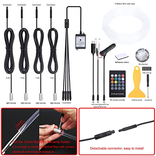 QAUBEN Car Ambient Lighting 8 Colors Multicoloured Music Optic Fiber Cable RF Remote Control Car DIY Decorative Atmosphere Lighting DC 12V 1W 4m