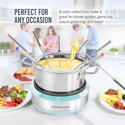 Image of Nostalgia 8-Cup Electric Fondue Pot Set for Cheese & Chocolate - 8 Color-Coded Forks, Temperature Control - Kitchen Gadgets and Appliances for Hors d'Oeuvres and More - Aqua