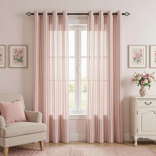 Image of MYSKY HOME Red Striped Patterned Curtains 96 Inches Long for Girls Bedroom Living Room Ticking Stripe Pinstripe Patterned Farmhouse Light Filtering Linen Blend Drapes, Grommet, 2 Panels, 52 inch Wide