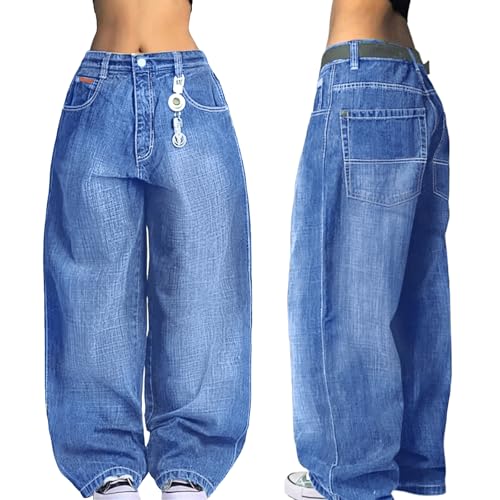 Image of EMMIOL Women Hip Hop 90s Vintage Baggy Jeans Denim Pants Mid Waist Jeans