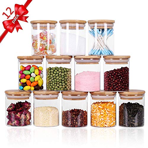 Image of Spice Jars with Airtight Bamboo Lid | 220ml Glass Spice Bottles, Seasoning Containers for Salt, Sugar, Coffee Beans | Set of 12 Round Jars with Wooden Lids | with spice masala lables sticker