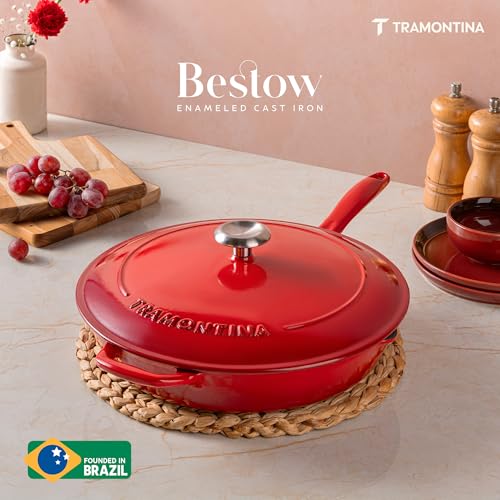 Image of TRAMONTINA Bestow Fry Pan 30 cm with Lid | Enameled Cast Iron Cookware | Even Heat Retention | Low Oil Healthy Cooking | No Seasoning Required | Stainless Steel Knob | All Cooktops Compatible | Red