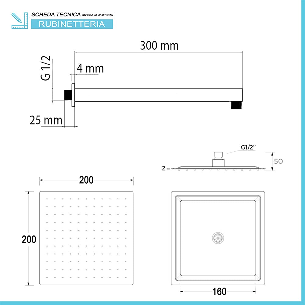 Inbagno Sistema Doccia con soffione Quadrato Ultrasottile, Completo di doccetta, Presa d’Acqua con Supporto e Flessibile