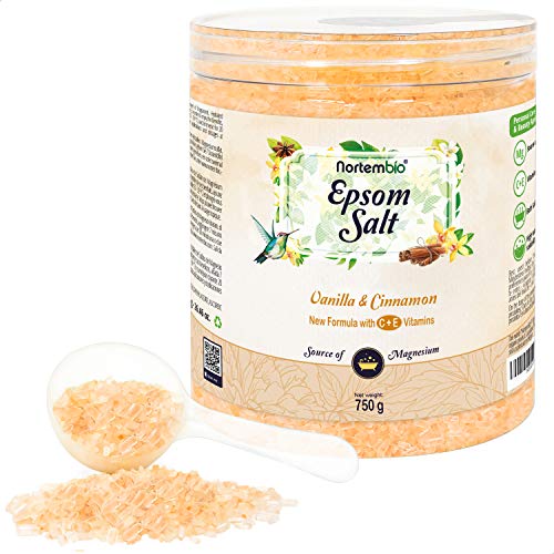 Nortembio Sal de Epsom 750 g. Novedosa Fragancia de Vainilla y Canela. Hidratada con Vitamina C y E. Sales de Baño y Cuidado Personal. E-Book incluido.
