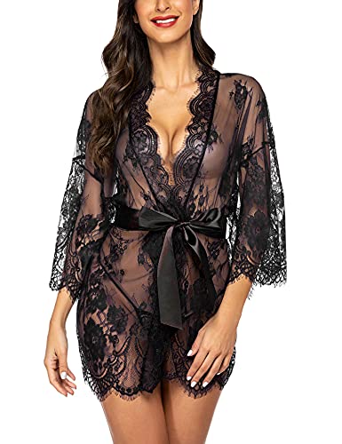 ADOME Mesdames Lingerie Ensemble Érotique Dentelle Babydoll Costume Sexy Voir À Travers Déshabillé Kimono Noir M