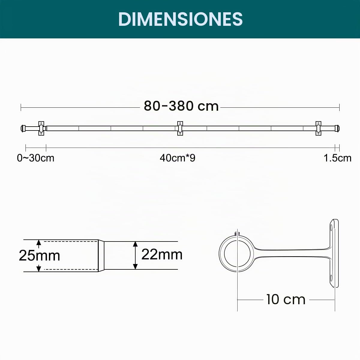 Barra de cortina para ventanas con tapa redonda, 80-380 cm, barra de cortina ajustable resistente para montaje en techo con soportes, barra de cortina colgante para montaje en pared