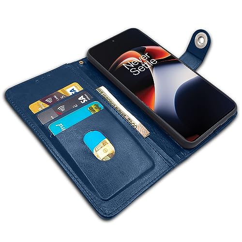 Image of Pikkme OnePlus 11R 5G Flip Cover Leather Finish | Inside TPU with Card Pockets | Wallet Stand and Shock Proof | Complete Protection Button Flip Case (Blue)