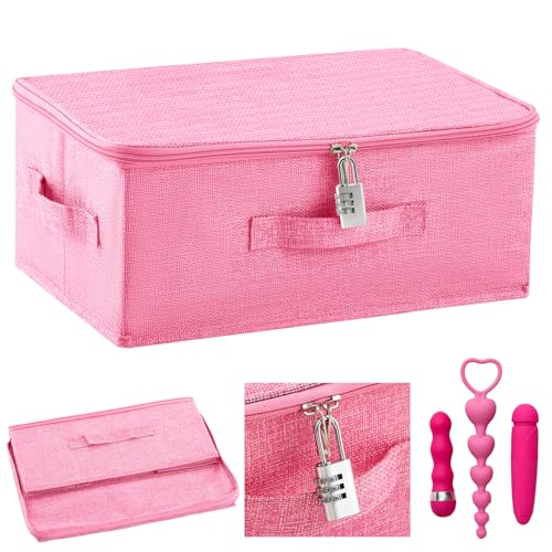 Briwooody Discreet Lockable Toy Bag Storage Organizer Toy Bag Storage Bins Case with Zipper Lid for Women and Men Clothes Container(Pink 15 x 10 x 6.3 Inch)
