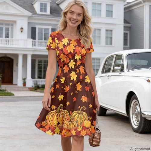 Image of HUGS IDEA Womens Puffy Swing Midi Dress Round Neck Short Sleeve Party A-Line Dresses