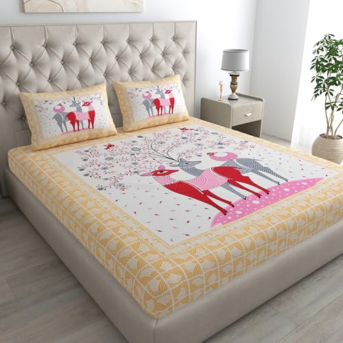 Image of Rajasthani Jaipuri Sanganeri Printed 144 TC 100% Cotton Bed Sheet Set for Double Bed,Deer Pattern, Double Bedsheet Cotton with 2 Pillow Covers