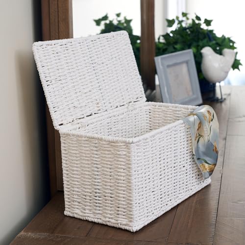 Household Essentials Small Handwoven Paper Rope Wicker Basket with Lid, White