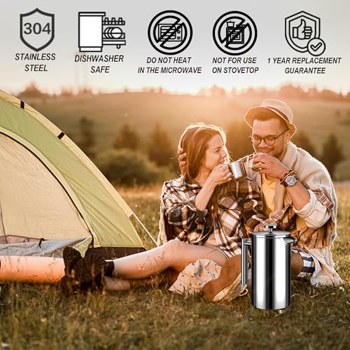 Image of Large French Press Coffee Maker 50oz (1.5L), 304 Stainless Steel Double Wall Insulated Coffee Press for Camping, Backpacking, Party, Travel, Gift Set, Dishwasher Safe (Silver, 6-8 Cups)