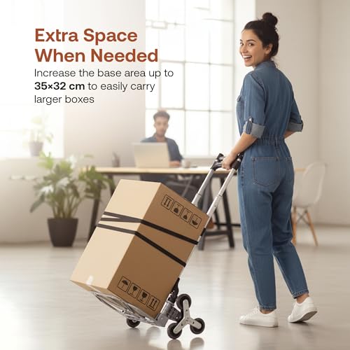 Image of BonKaso 60kg Foldable Stair-Climbing Trolley with 3 Puncture-Proof Wheels | Heavy-Duty Aluminium & ABS Plastic Hand Truck | Luggage Cart for Boxes, Appliances & Travel Use (47.5x44.5x100.5cm) Silver