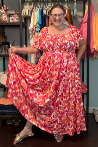 Image of RITERA Plus Size Dresses for Curvy Women Square Neck Short Sleeve Summer Floral Smocked Maxi Dress with Pocket XL-5XL