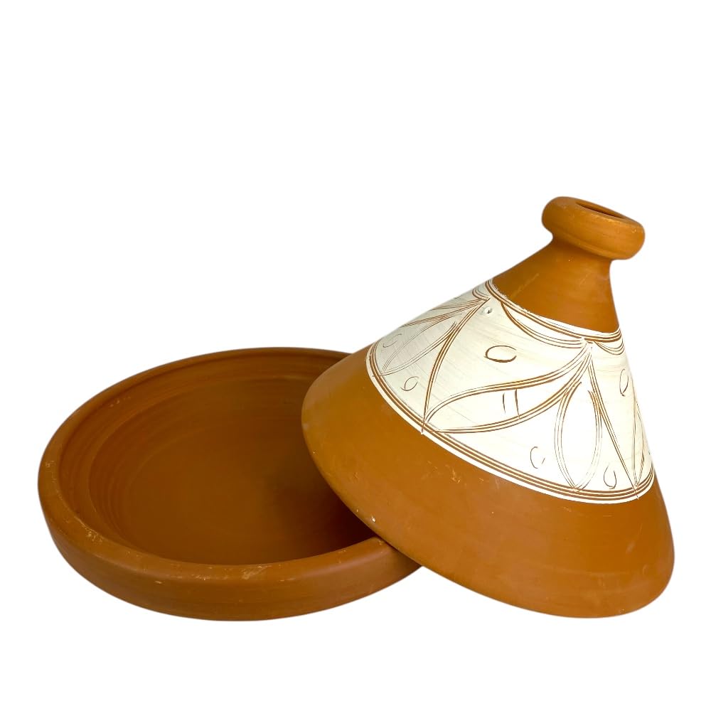 Tajine Marocchina in Terracotta, diametro 33x28h cm, Decorato a Mano, Naturale Non Smaltato, per 5-6 Persone