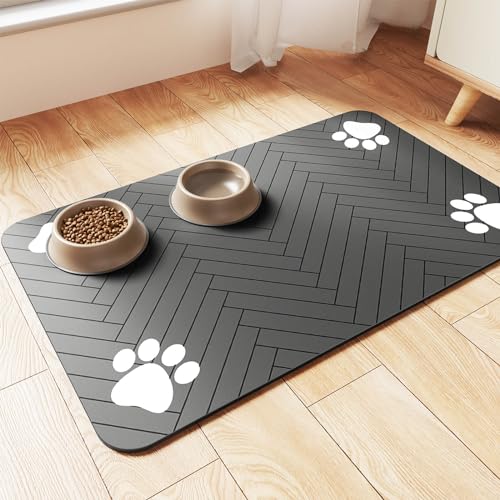 Pet Feeding Mat-Absorbent Pet Placemat for Food and Water Bowl, with Waterproof Rubber Backing, Quick Dry Water Dispenser Mat for Dog and Cat (20″x12″, Striped Dark Gray)