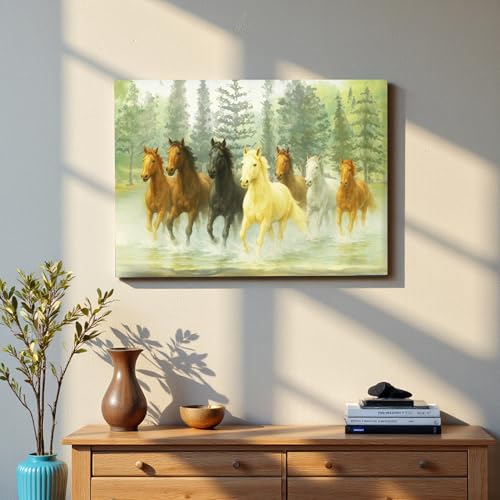 Image of 7 Running Horses Vastu Stretched Canvas Painting For Living Room Multicolor Seven Horses Vastu Wall Art Painting Symbol of Success, Growth & Positive Energy Wall Art for Home & Office, 22x34 Inch