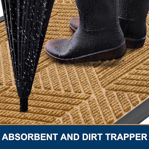 Image of Smiry Front Door Mat Outside Entrance, Heavy Duty Sturdy Natural Rubber Doormat, Trap Dirt and Moisture, Easy Clean Low Profile Mats for Indoor Outdoor Entry, Irregular Triangle (29.5x17, CRM-Yellow)