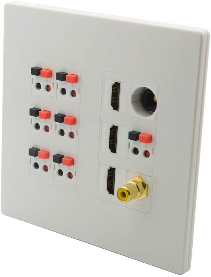 No Screw Spring Clip Style 7.1 Home Theater Surround Sound Speaker Wall Plate with Additional 3 Ports HDMI 1 Port RCA 1 Port Toslink Audio Fiber