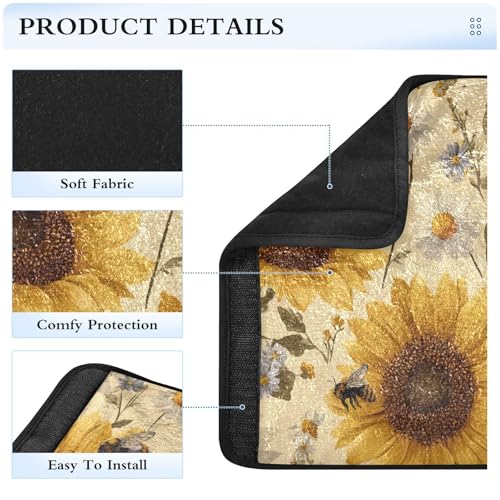 Image of Beige Sunflowers and Daisy Bees Seat Belt Cover Pad 2 Pcs Soft Cute Seatbelt Covers Protector Support Head Neck Shoulder Strap for Car Seats High Chair Backpack for Adults Kids Women Men 10x7.7