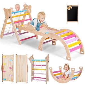 8 in 1 Pikler Triangle Set for Toddler, Foldable Wooden Montessori Climbing Toys with Sliding, Seesaw & Climbing Arch, Indoor Outdoor Playground Jungle Gym for Baby, Kids (Rainbow)